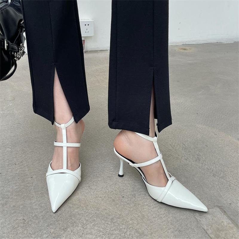 Mode SUOJIALUN 2025 Frühling Neue Spitzschuh Damen Sandale Mode Knöchelriemen Dünner Hoher Absatz Damen Elegante Pumps Kleid Slingback Schuhe