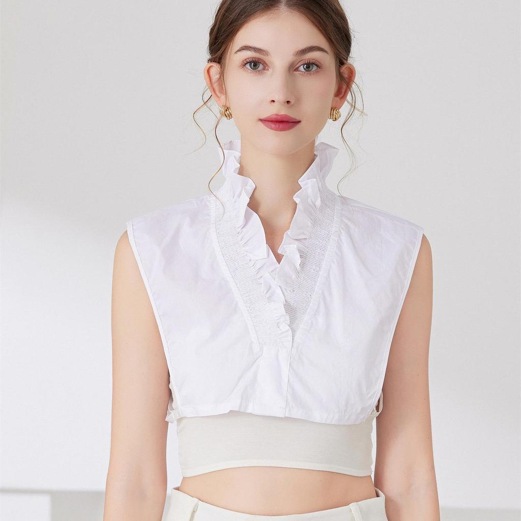 Ruffled Edge Cotton Deep V-Neck Fake Collar for Girls – Decorative Collar for Sweaters and Cardigans (White, Autumn/Winter)