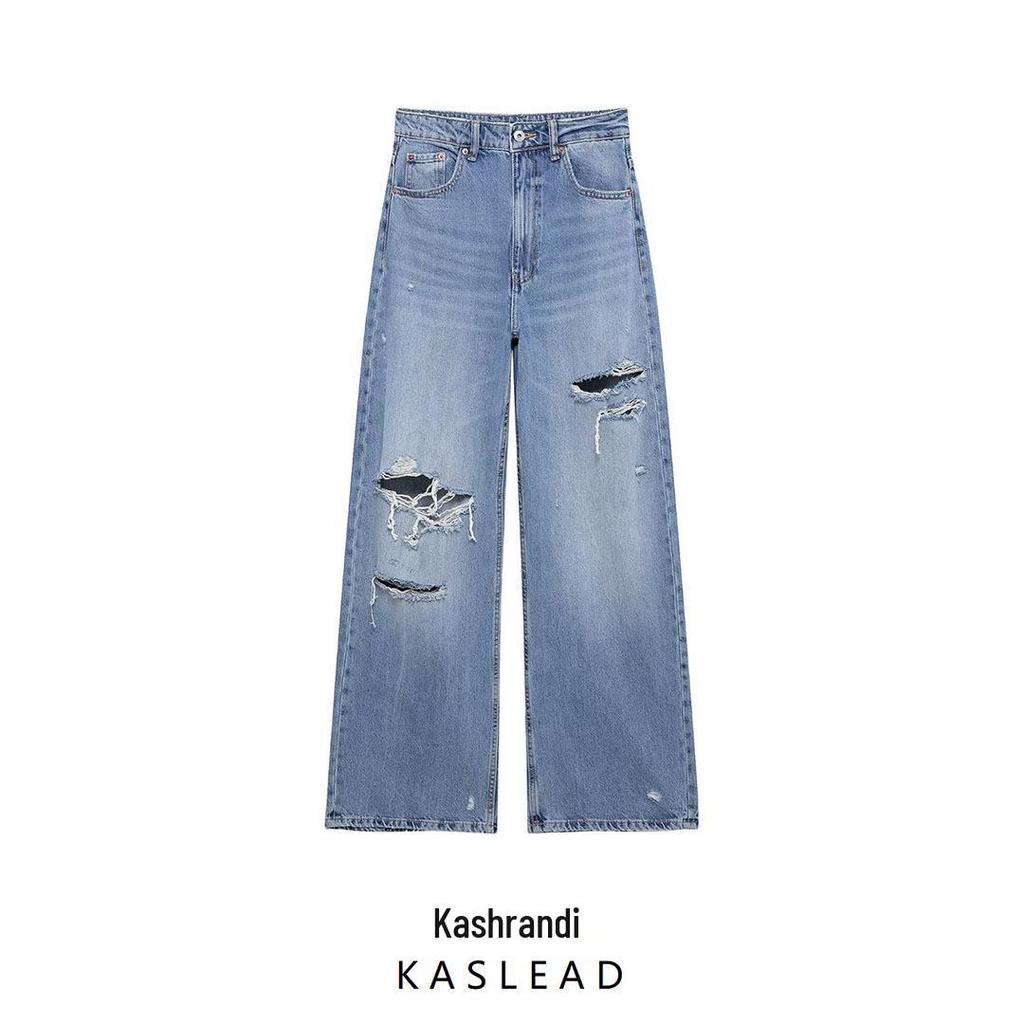 2025 Spring Women's European-American Ripped Loose Mid-Waist Jeans