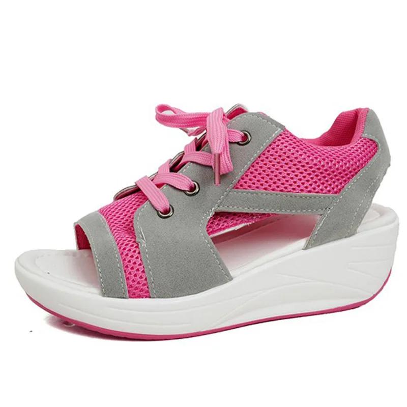 Comfy Platform Mesh Shoes Woman Summer Open Toe Cut Out Net Sneakers Ladies Casual Thick Sole Lace Up Sport Sandals Plus Size