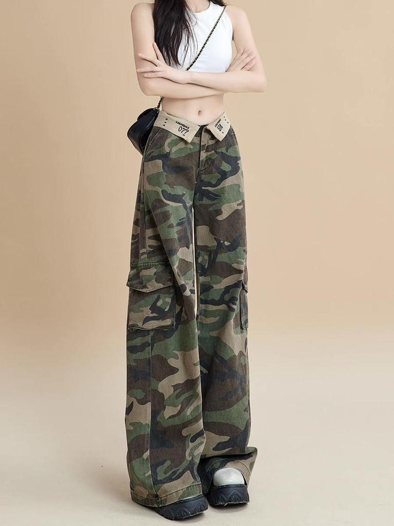 Women's Retro High-Waist Camo Wide-Leg Jeans - Autumn 2024 Loose Cargo Trend
