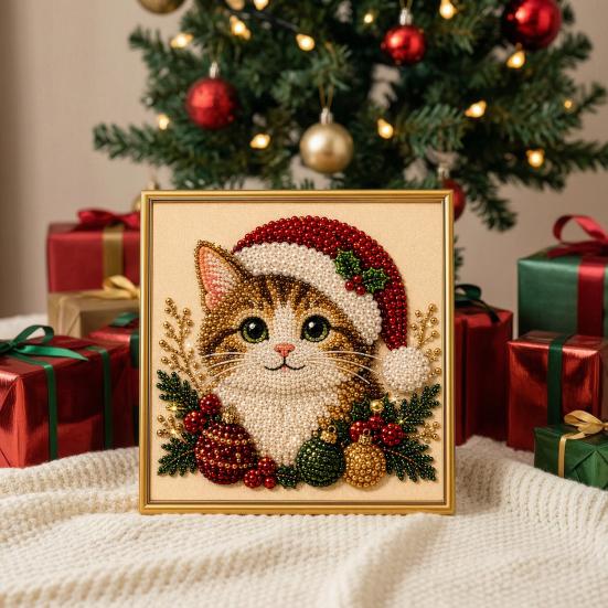 Christmas Gift Ideas for Teens Faux Pearl Art Kit, Xmas Hat Cat Dog Painting DIY Set 3D Puppy Bead Craft Kit Adults, Festive Home Wall Decor Relaxing