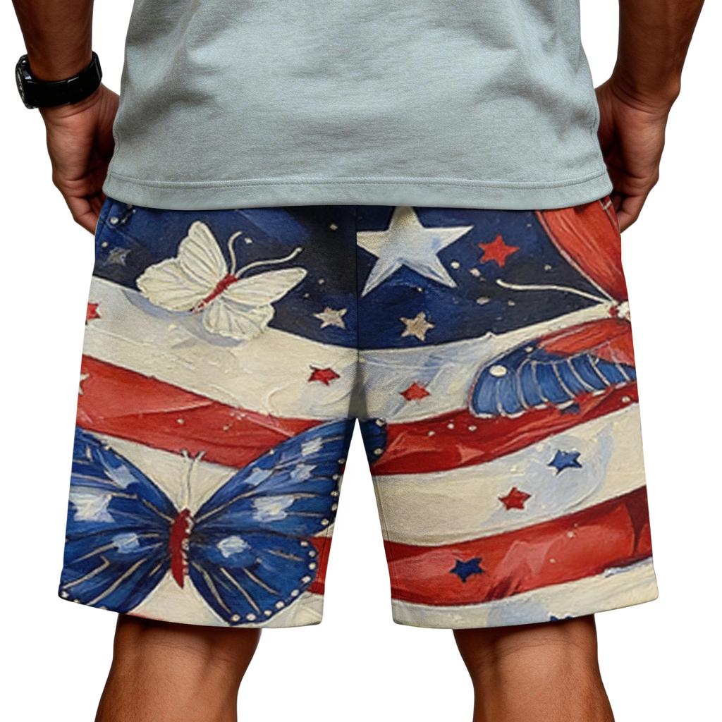 Men Drawstring Waist Shorts with Flag Print Elastic Adjustable Waistband Breathable Lightweight Fabric Casual Fit for Daily Wear