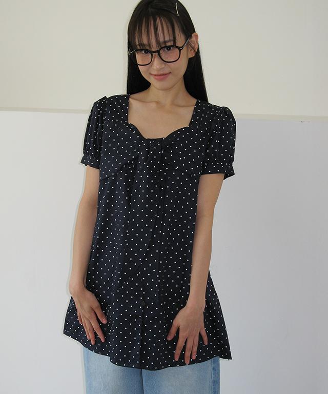 Ronron Ribbon Bow Half Sleeve Dress Navy Dot