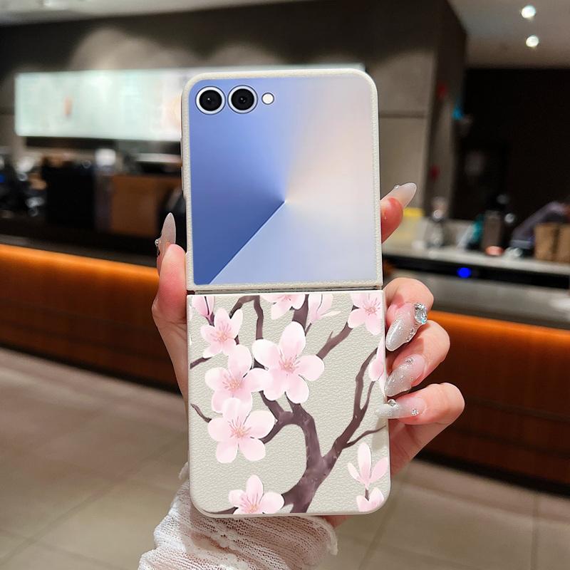 Z Flip 7 Case Hand-drawn Style Sakura Pattern Leather Texture Folding Fhone Cover For Samsung Galaxy Z Flip 7 6 5 4 Flip7 Flip6 Flip5