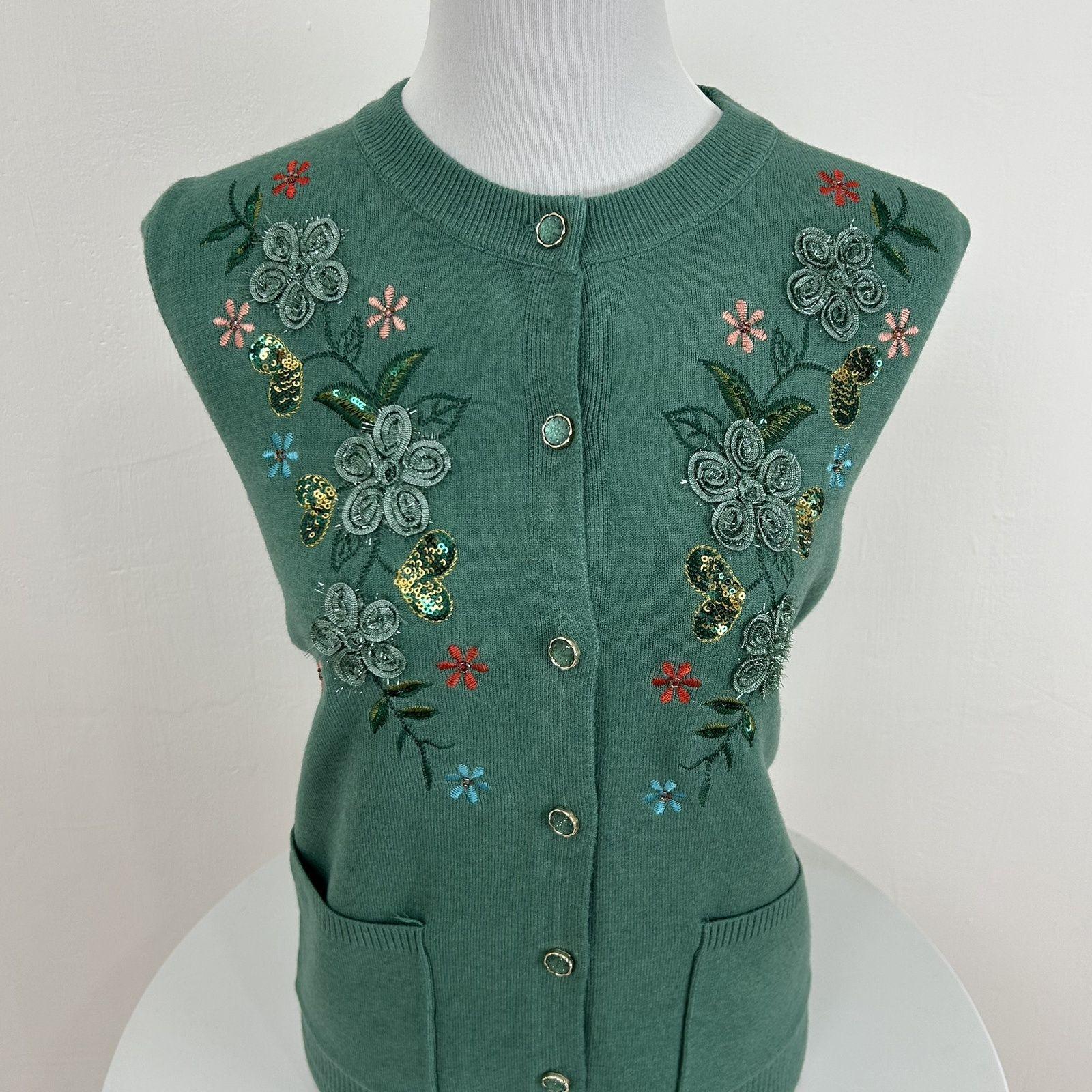 

Women s Crew Neck Cardigan Sweater Loose Embroidered Applique Plus-Size Cardigan M зелений