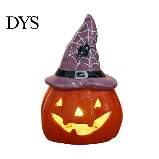 Ceramic Ghost Pumpkin Light Halloween Tealight Holder, Lighted Figurine with Indoor Party Atmosphere Lamp Witch Hat, Tiered Tray Tabletop Decor