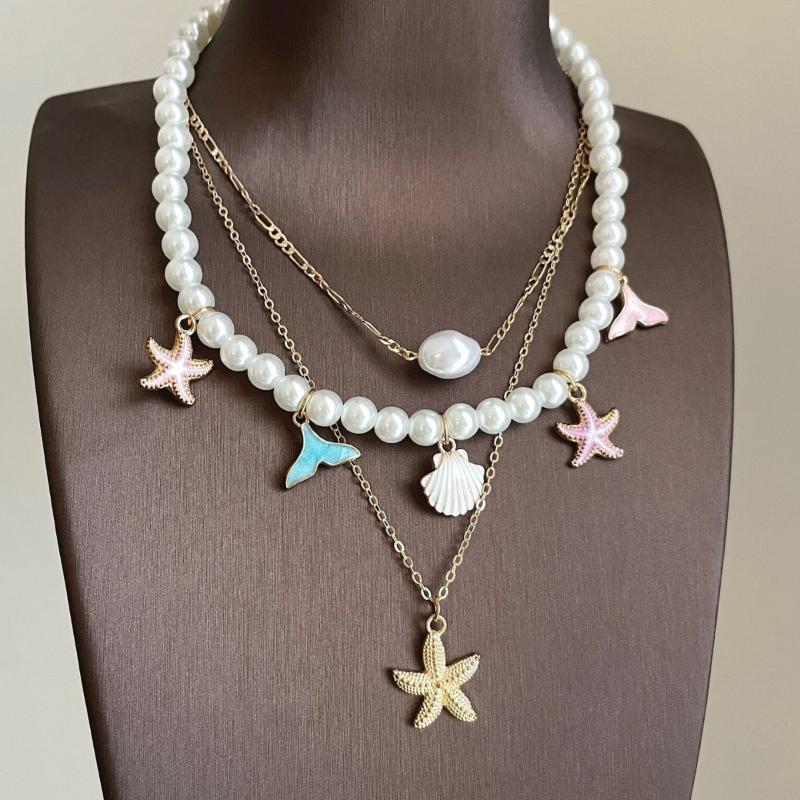 Boho Layered Pearl Starfish Shell Necklace Ocean Theme Choker For Women Summer Beach Vacation Jewelry