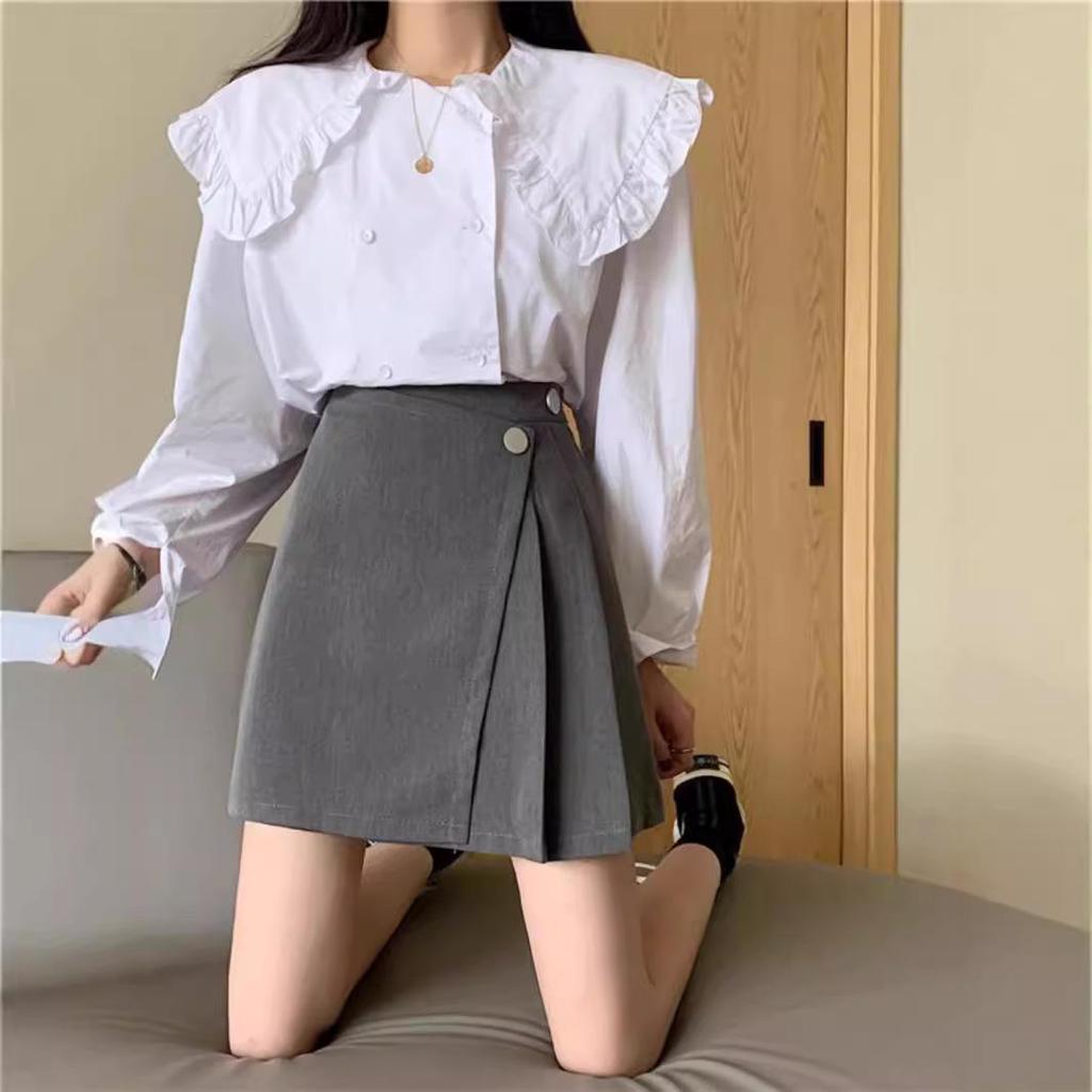 2024 Spring Women's Black High-Waist Irregular A-Line Skirt, Korean Style