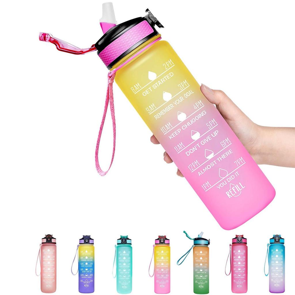 32oz/1000ml Motivational Fitness Sports Water Bottle With Time Marker & Straw, Large Wide Mouth Leakproof Durable