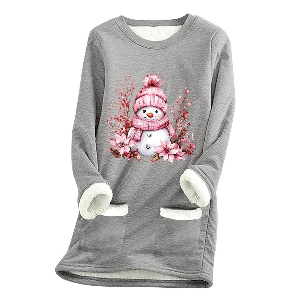 Ladies' Loose And Comfortable Round Neck Christmas Print Thick With Pockets Long Sleeved Top