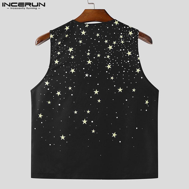 INCERUN Topuri basic casual fără mâneci cu imprimeu, bandaj și șireturi pentru bărbați