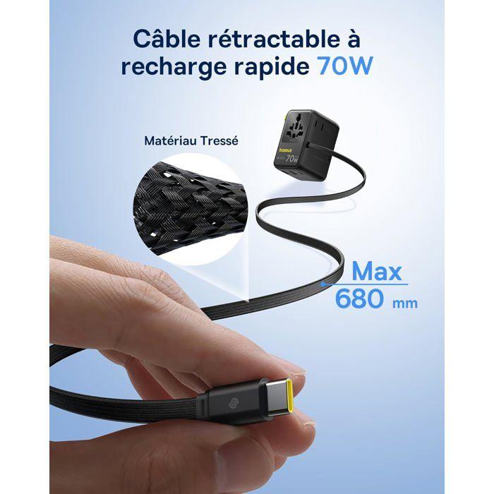 Baseus 70W Universal Plug Adapter with Retractable Cable, Travel Charger 2AC+2USB-A+1USB-C