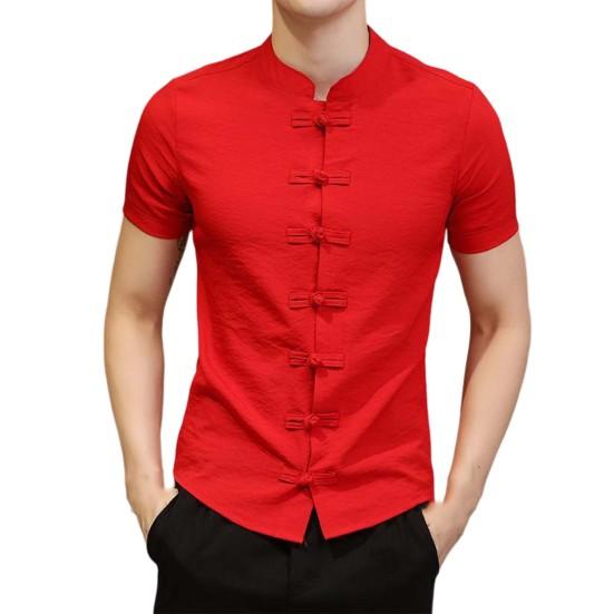 Men Summer Shirt Stand Collar Short Sleeve Solid Color Slim Fit Knot Buttons Daily Wear Chinese Traditional Clothes Vintage Chinese Style Men Top Men
