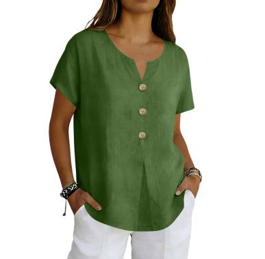 Women's Linen Blend Short Sleeve Blouse Notch V Neck Button Front Loose Casual Summer Tunic Top