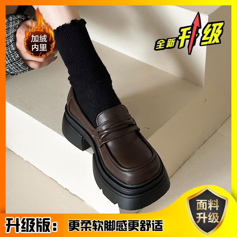 Platform loafers women's shoes 2026 new popular heightening women's shoes British style small leather shoes women's black single shoes