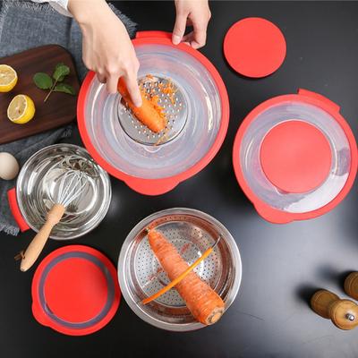 304 Stainless Steel Salad Bowls with Clear Lids Non-Slip Mixing Bowl Kitchen Food Storage Nesting Bowls with Graters and Handle