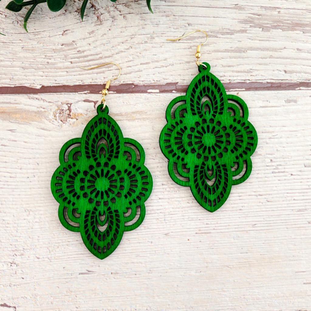 New Vintage Ethnic Style Long Wooden Earrings with Carved Patterns