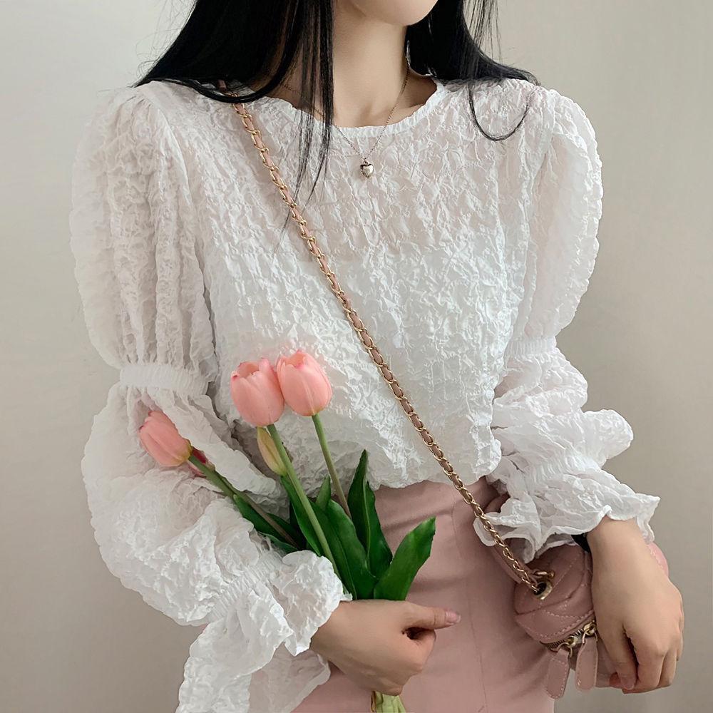 South Korea Chic Spring French Temperament Round Neck Bubble Ruffle Design Loose Casual All-match Lantern Sleeve Shirt Woman