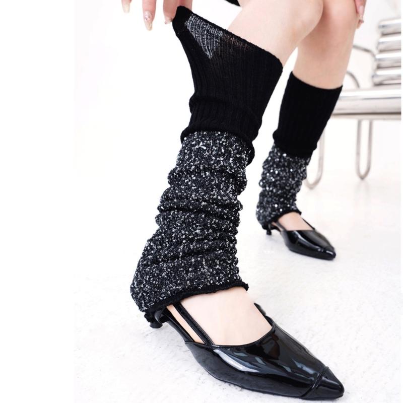 Womens Vintage Ribbed Knit Stretch Long Leg Warmer Party Dance Glitter Sequins Patchwork Solid Boot Socks Leg Cover