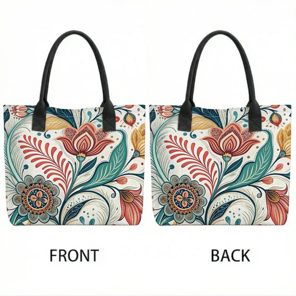  Boho Floral Print Tote Bag Large Capacity Canvas Shoulder Bag for Daily Use