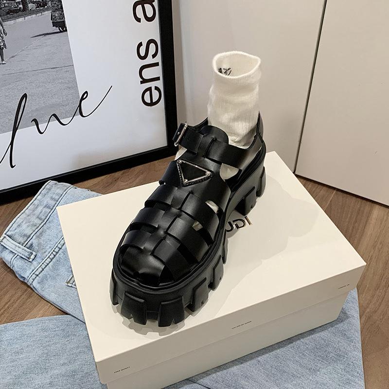 

Leather thick-soled heightening triangular standard Roman sandals women s summer wear cool slippers hollow woven bag head shoes 35