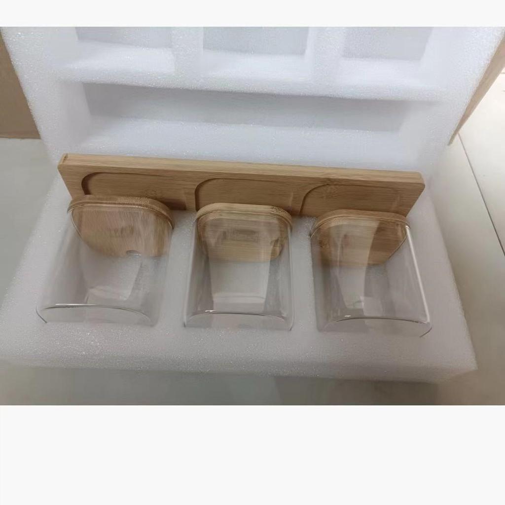 Three-Piece Glass Seasoning Jar Set with Wooden Salt Shaker and Sugar Bowl - Creative Kitchenware