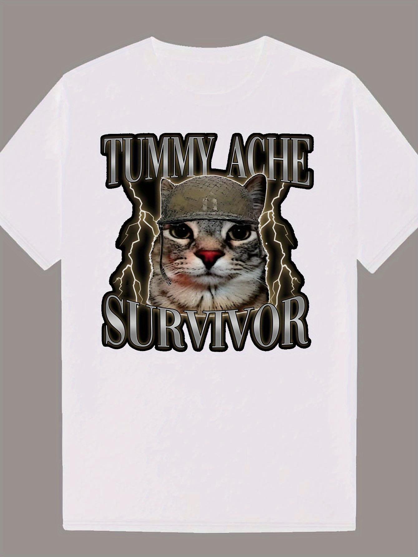 Summer Casual Graphic T-Shirt Funny Cat Military Design with Tummy Ache Survivor Slogan Men s T-Shirt Black Tee XS