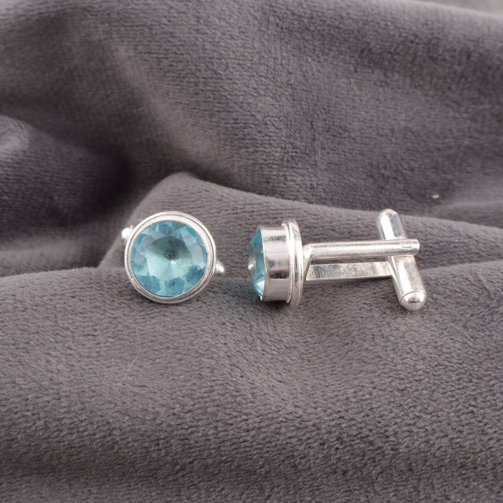 Sky Blue Topaz Gemstone 925 Sterling Silver Handmade Cufflinks 0.50" For Groom CL-4-10