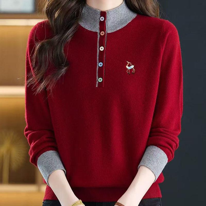 2026 Women's Stylish Loose Fit Color Block Embroidered Red Wool Sweater Base Layer