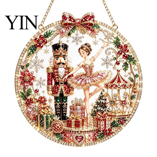 Holiday Art Decoration Christmas Faux Diamond Ornament Kit, Santa Angel Sun Catcher DIY Acrylic Detailed Printed Symbol Design Round Board,
