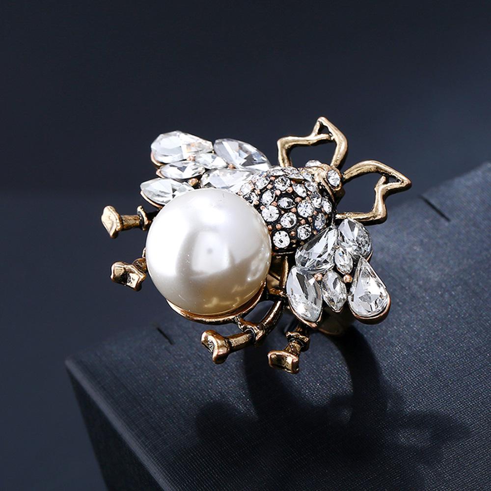 Women's Adjustable Retro Insect Pearl Enamel Gold Ring Earrings