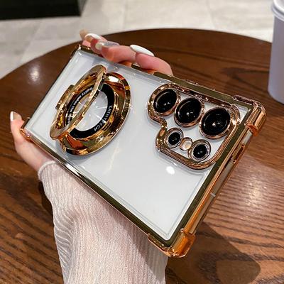 Plating Magnetic Stand Holder Transparent Case For Samsung S24 Ultra S23 Plus S22 Wireless Charging Air Cushion Shockproof Cover