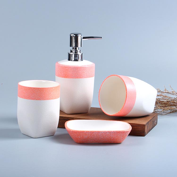 European Style Snowflake Glaze Ceramic Bathroom Set: Pink Mouthwash Cup, Hand Sanitizer Bottle, and More Four-Piece Set