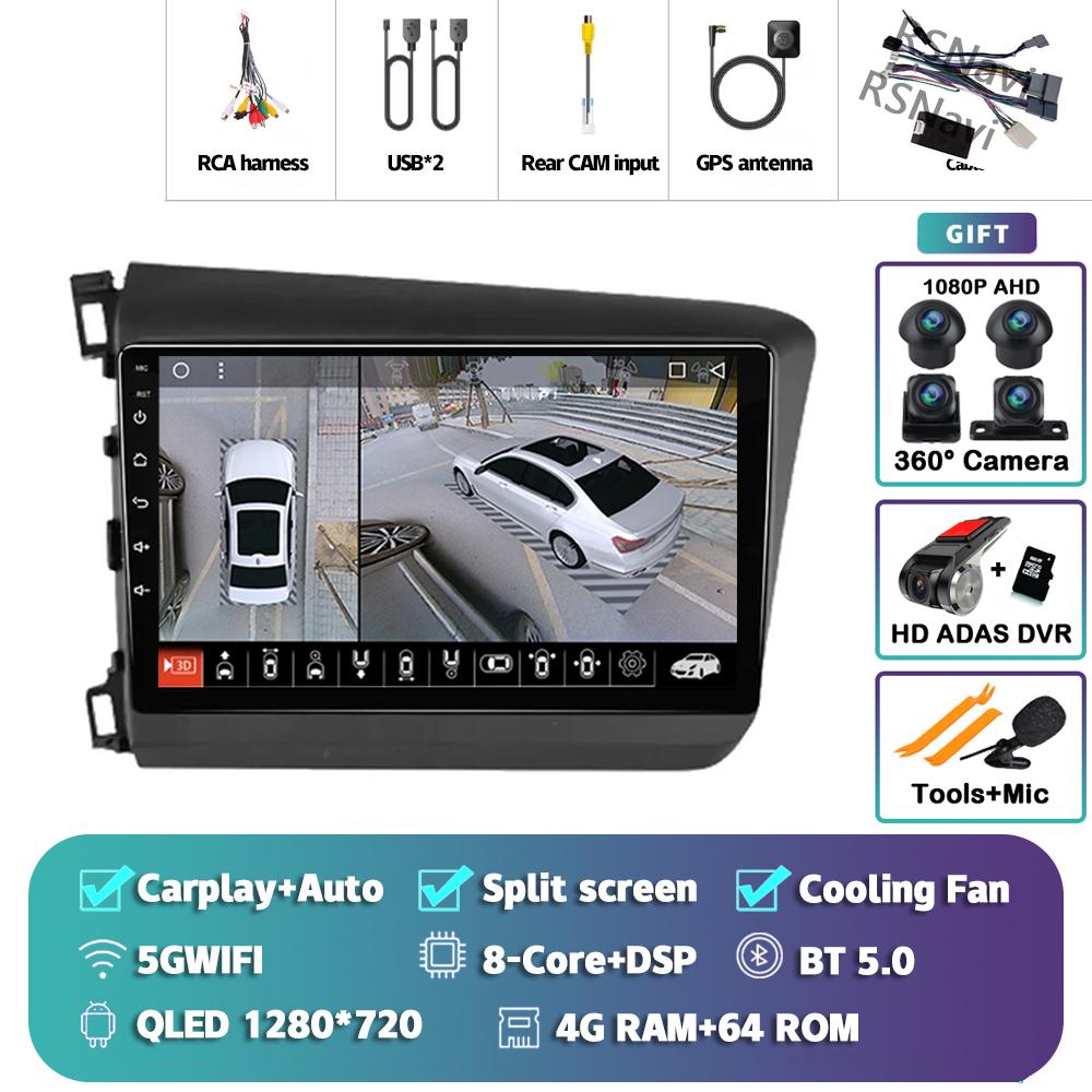 Android 14 Carplay Car Radio For Honda Civic 2012 - 2015 Multimedia Video Player Navigation GPS Stereo Head Unit 360 Camera DVD