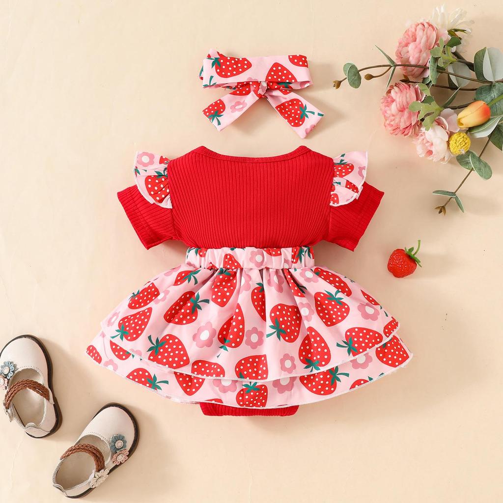 2025 Ribbed Strawberry Bear Romper - Triangle Sleeves & Faux Straps
