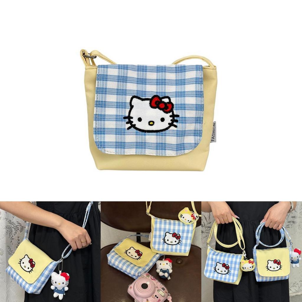 Hello Kitty Fashion Crossbody Bag With Plaid Pattern And Nylon Material For Women