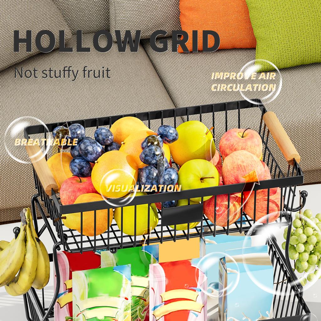 2 Tier Fruit Basket with 2 Banana Hangers, Countertop Fruit Vegetable Basket Bowl for Kitchen Counter