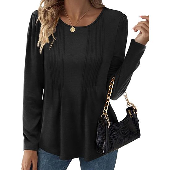 Spring and Autumn Striped Solid Color Round Neck Long Sleeve Casual T-shirt Fashion Women's Top