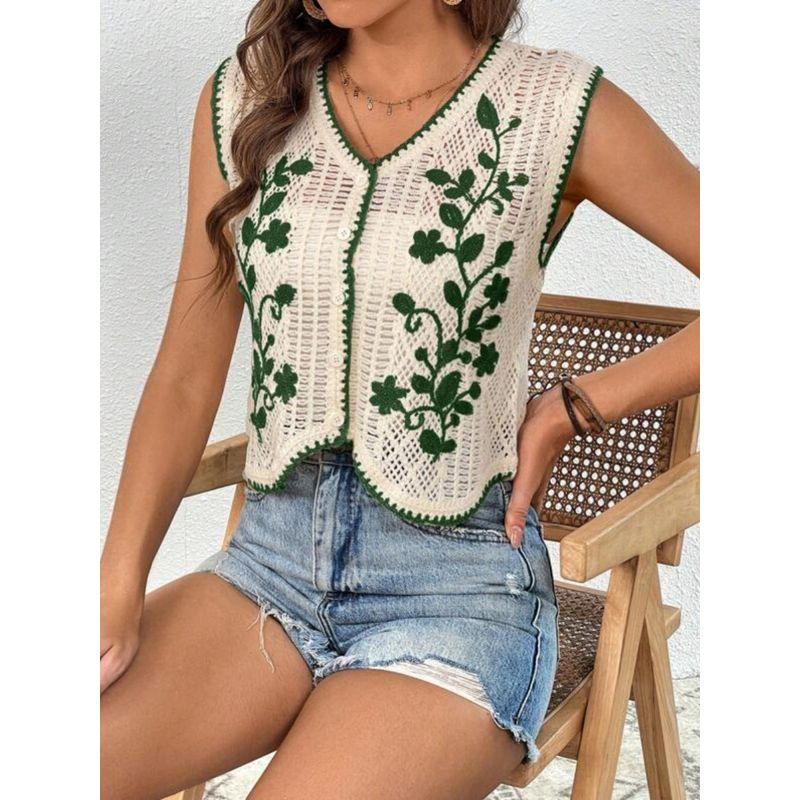 Europe and America Cross Border Spring and Summer V Neck Plant Pattern Knitting Crocheted Cut Out Single-Breasted Short Vest Vest Tops Women