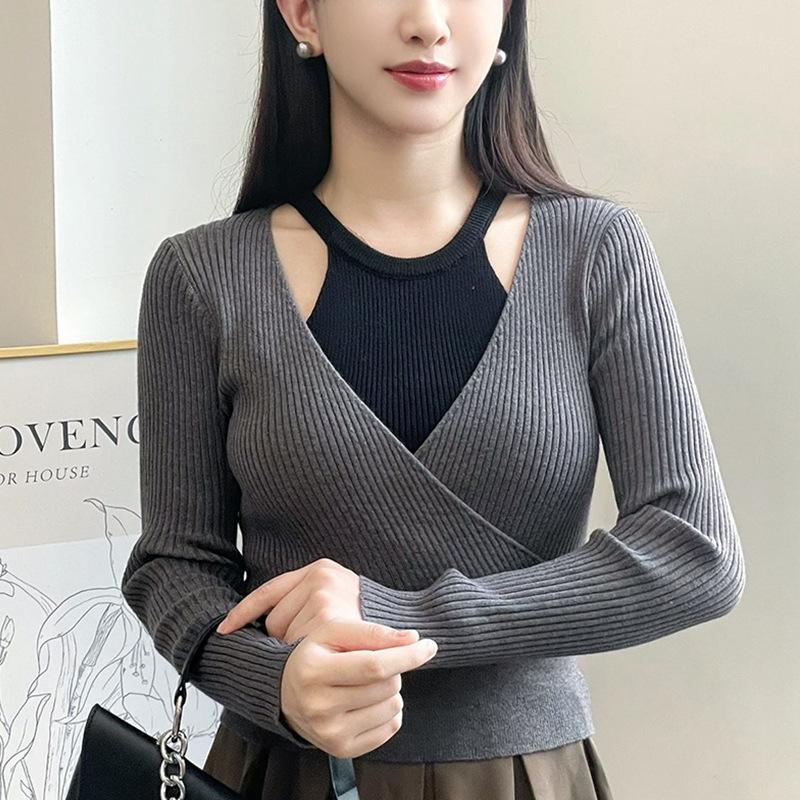 Pure Desire Style Fake Two-Piece Off-The-Shoulder Splicing Knitted Sweater Women'S Spring And Autumn New Korean Slim-Fit Long-Sleeved Top