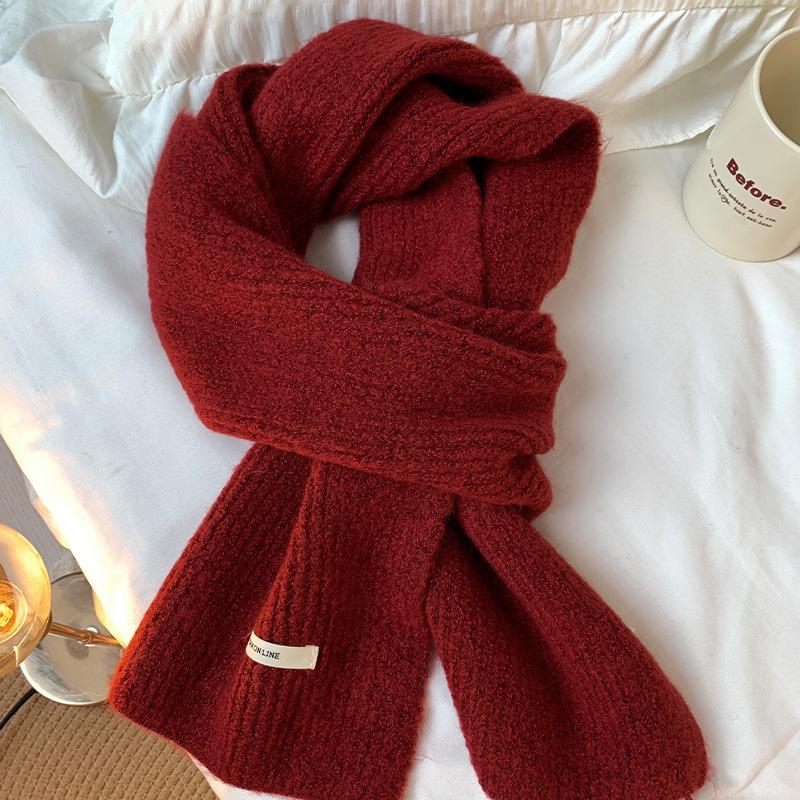 Scarf Women's New Winter Knitted Wool Scarf Red Korean Version Versatile High End Solid Color Warm Couple