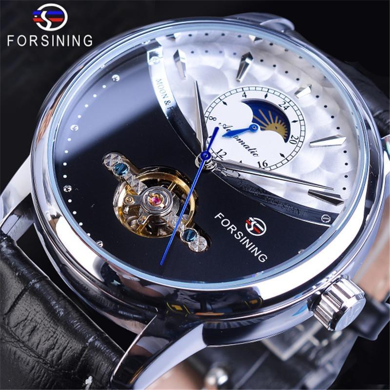 Forsining Luxury Automatic Mechanical Watches Mens Sun Moon Phase Tourbillon Watch Waterproof Men Wristwatch
