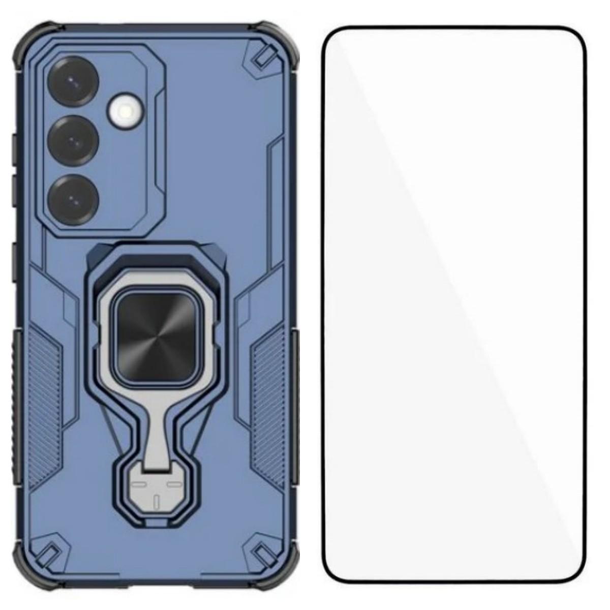 

For Samsung Galaxy S25 Phone Case WANLONFENG PC TPU Back Cover Kickstand with Tempered Glass Blue