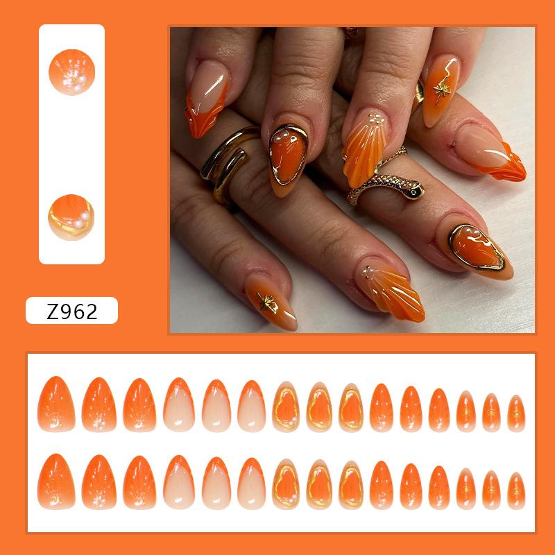 

Nail Patch Removable Nails Light Orange Simple Fake Nails Three-dimensional French Vertical Wear Nail Diamond 30 pieces
