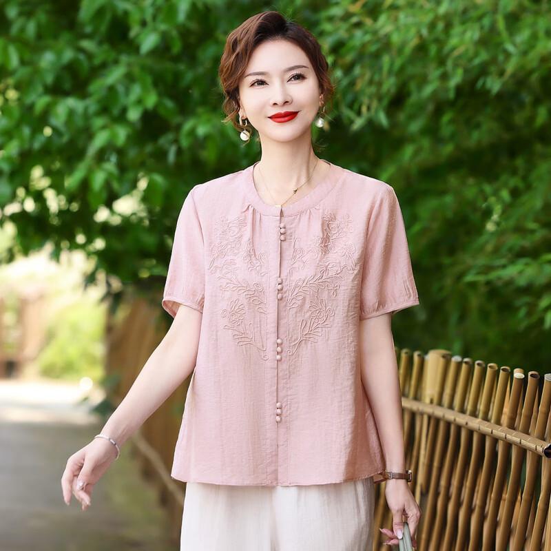 LangSha Women's Embroidered Cotton Linen Short Sleeve Top