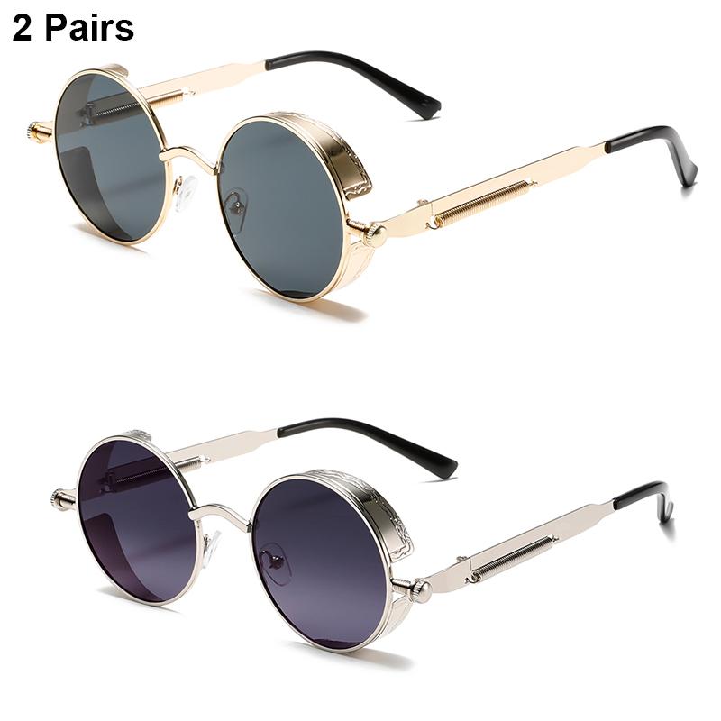 2 Pairs Round Punk Sunglasses Men Classic Vintage Gradient Multi-color Casual Shades Trendy Brand Designer Outdoor Sun Glasses