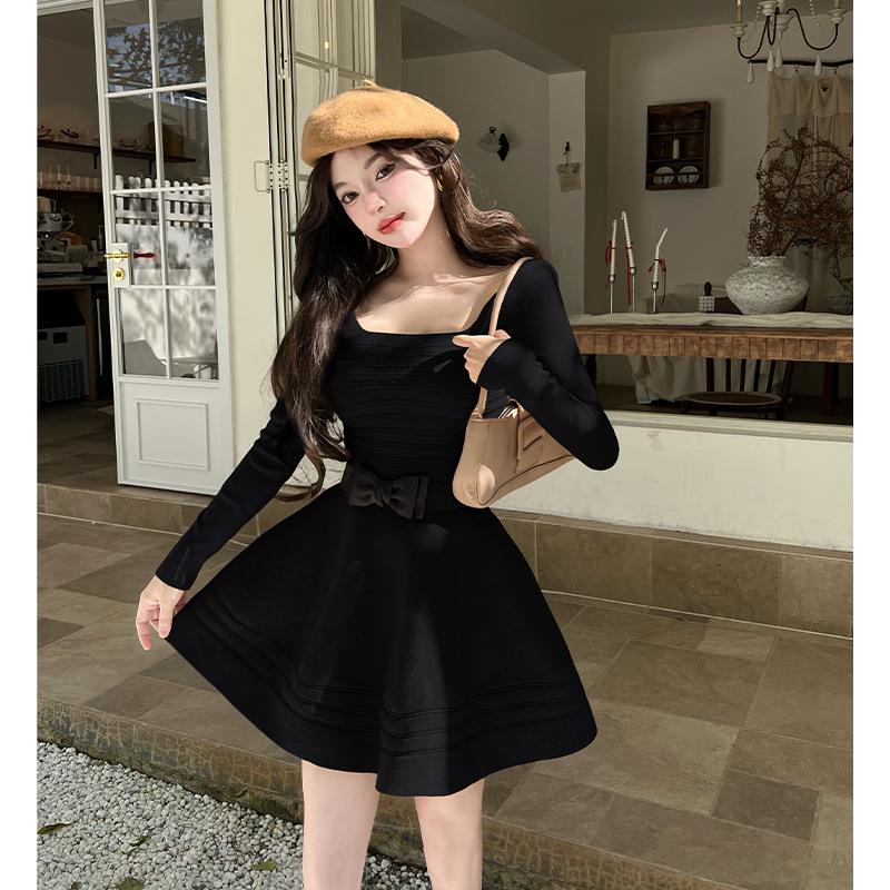 Elegant French Knit Dress: Autumn/Winter Slim Fit with Hollow-Out Flared Skirt S чёрный
