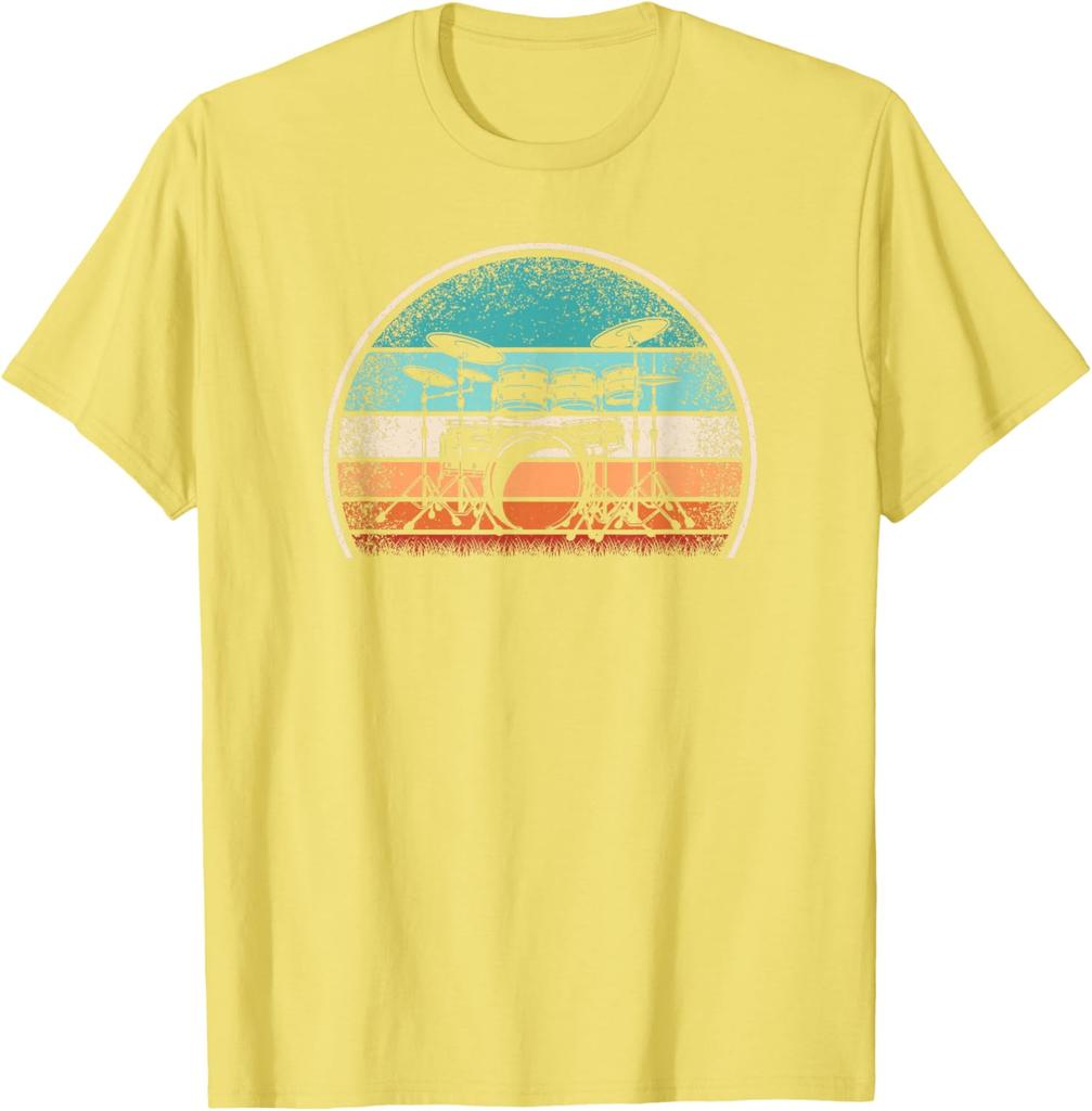 Retro Drum Set Drummer Vintage Sunset Graphic Tee Casual Cotton T-Shirt for Music Lovers