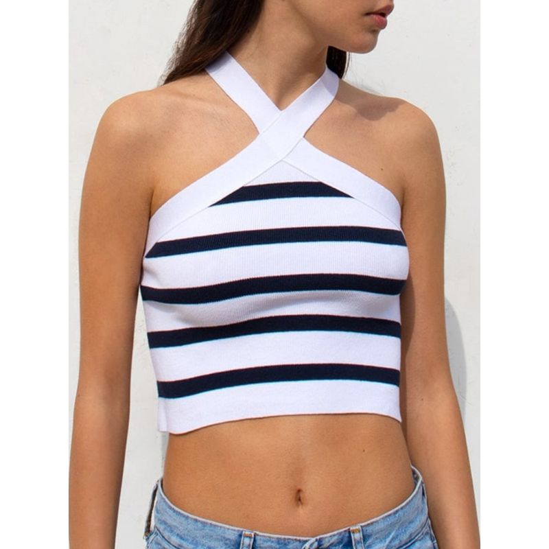 Striped Cross Hanging Neck Sexy Base Stripes Cross-Halterneck Sexy Base